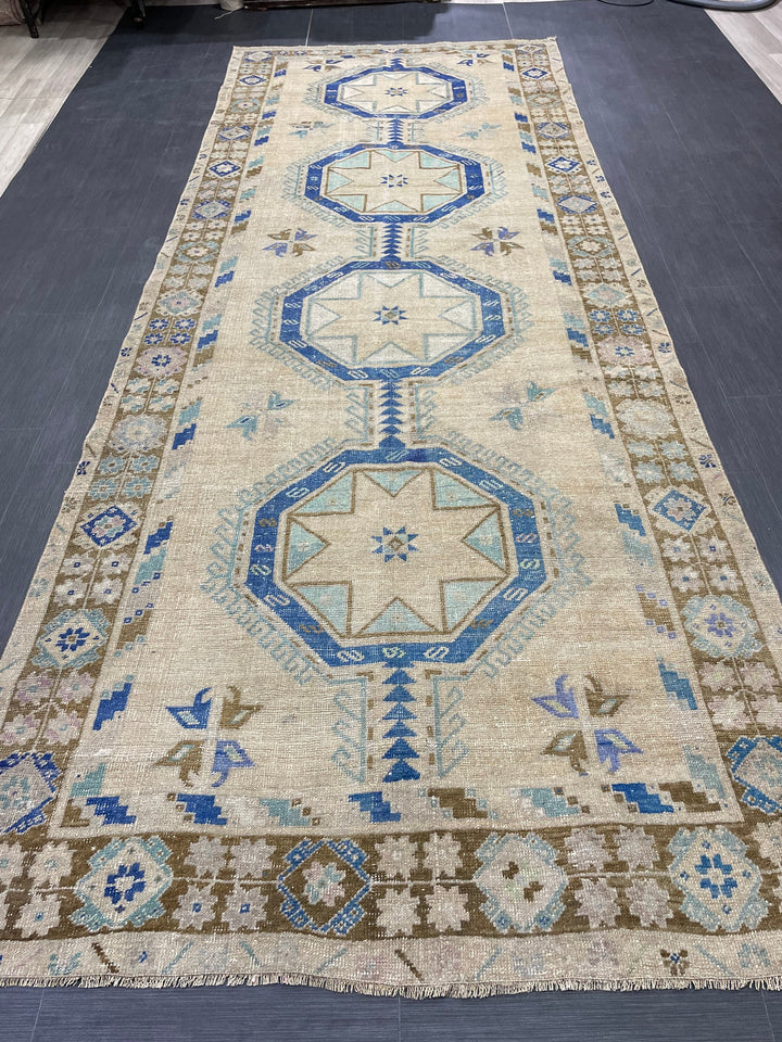 Beige Turkish Runner Rug 4' 9" x 12' 6" Hand-Knotted field