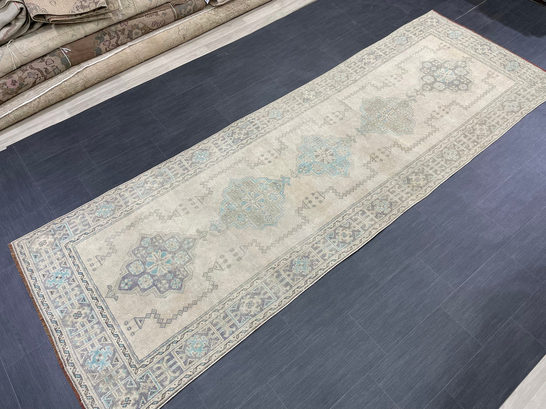 Beige Turkish Runner Rug 3' 11" x 11' 7" Hand-Knotted field