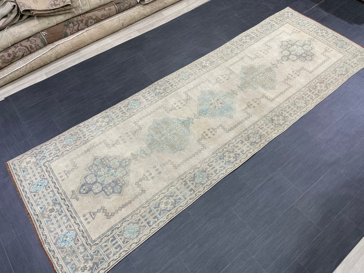 Beige Turkish Runner Rug 3' 11" x 11' 7" Hand-Knotted field