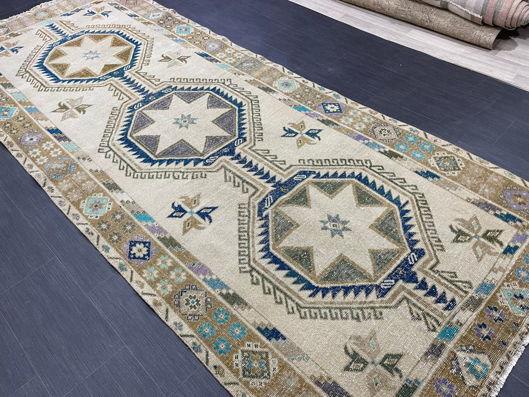 Beige Turkish Runner Rug 4' 8" x 11' 9" Hand-Knotted