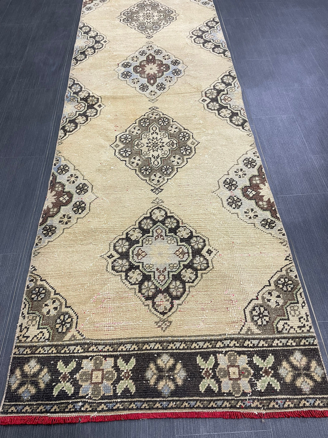 Beige Turkish Runner Rug 3' x 11' 3" Hand-Knotted detail