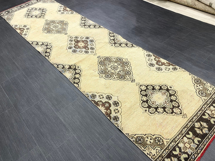 Beige Turkish Runner Rug 3' x 11' 3" Hand-Knotted
