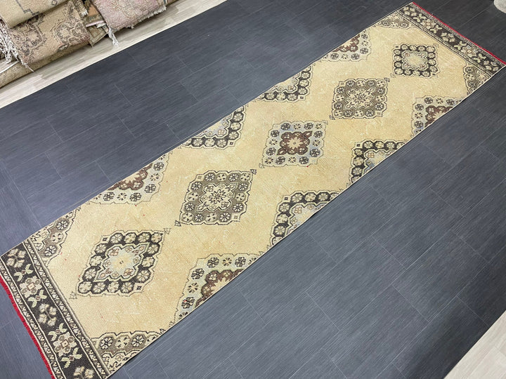 Beige Turkish Runner Rug 3' x 11' 3" Hand-Knotted pattern