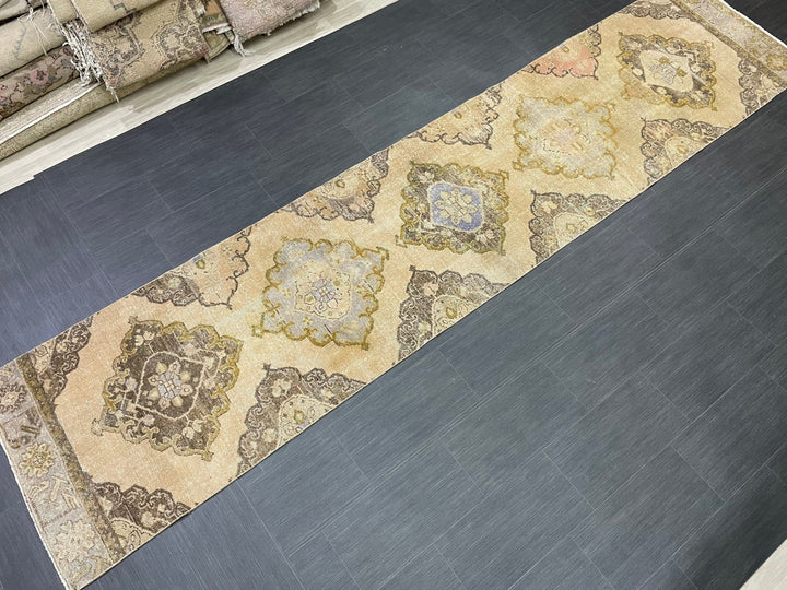 Beige Turkish Runner Rug 2' 10" x 12' 10" Hand-Knotted