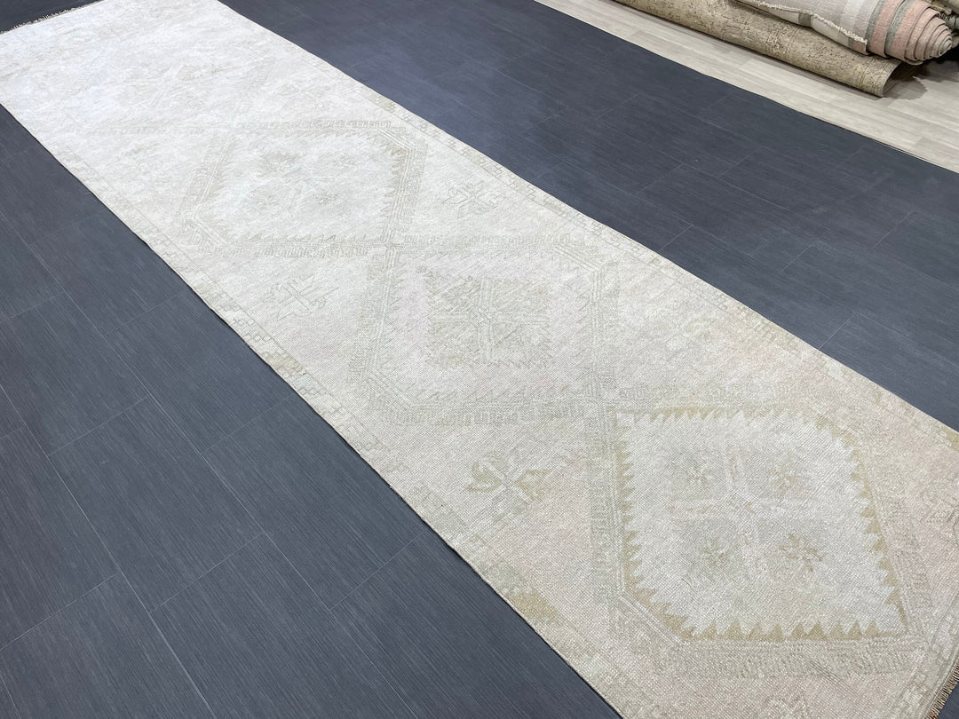 Beige Turkish Runner Rug 3' 3" x 12' 6" Hand-Knotted