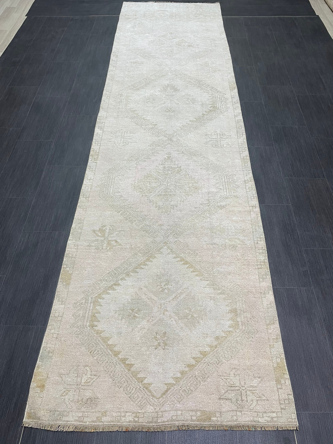 Beige Turkish Runner Rug 3' 3" x 12' 6" Hand-Knotted reverse