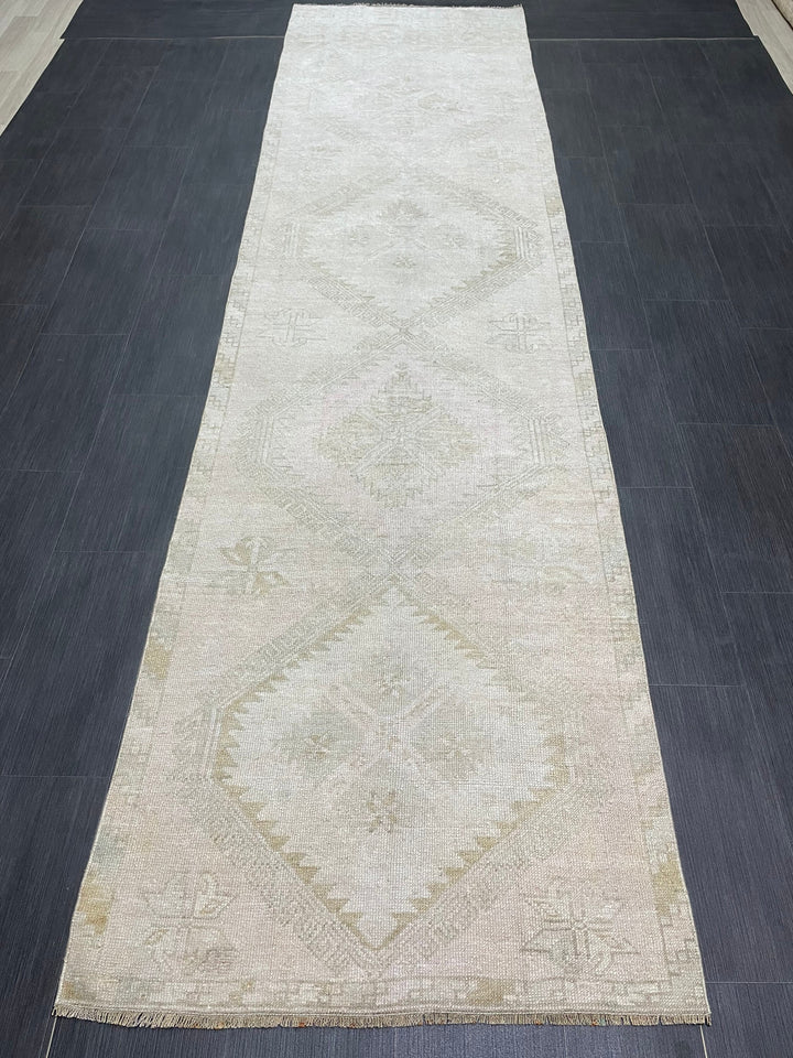 Beige Turkish Runner Rug 3' 3" x 12' 6" Hand-Knotted reverse