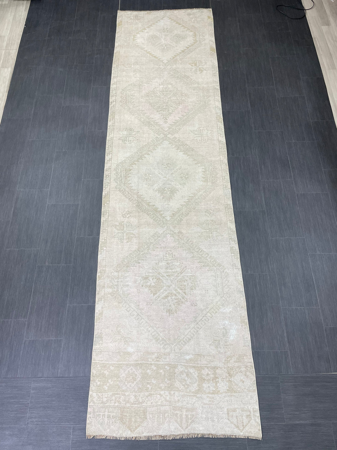 Beige Turkish Runner Rug 3' 3" x 12' 6" Hand-Knotted border