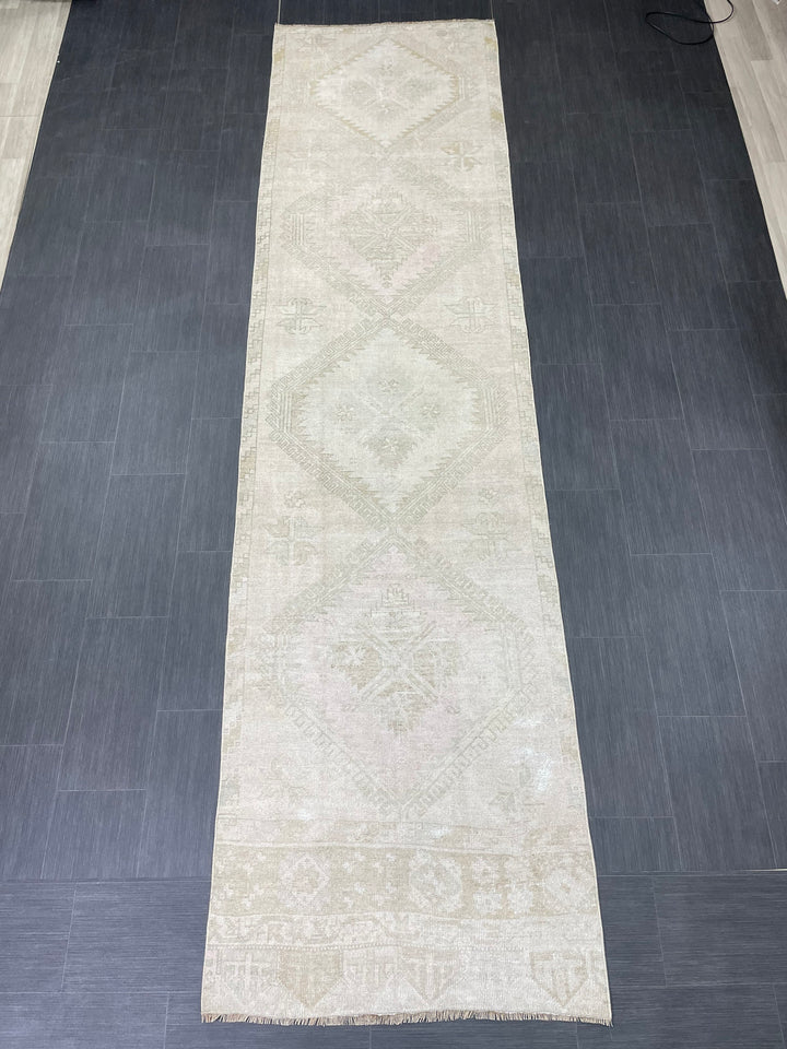 Beige Turkish Runner Rug 3' 3" x 12' 6" Hand-Knotted border