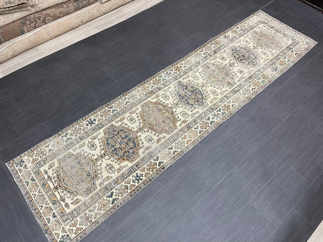 Beige Turkish Distressed Runner Rug 2' 10" x 11' 1" Hand-Knotted | No. WR47882