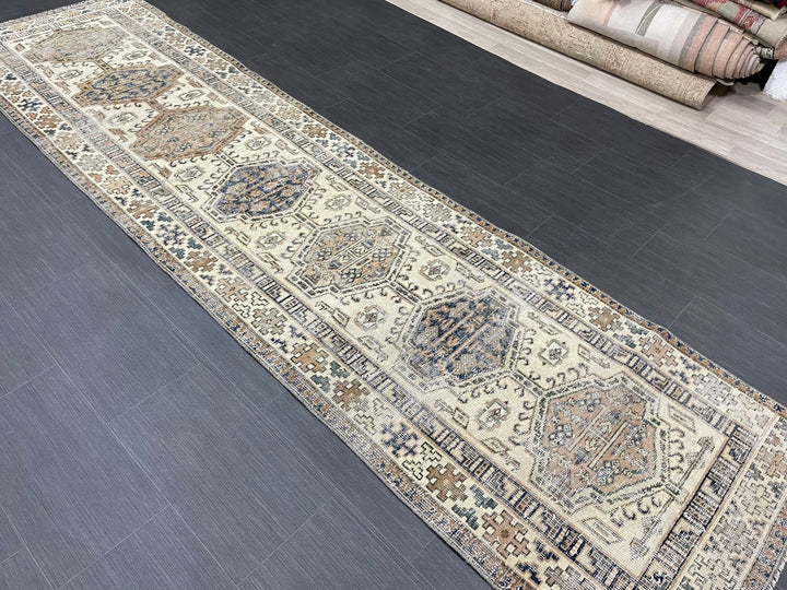 Beige Turkish Distressed Runner Rug 2' 10" x 11' 1" Hand-Knotted | No. WR47882