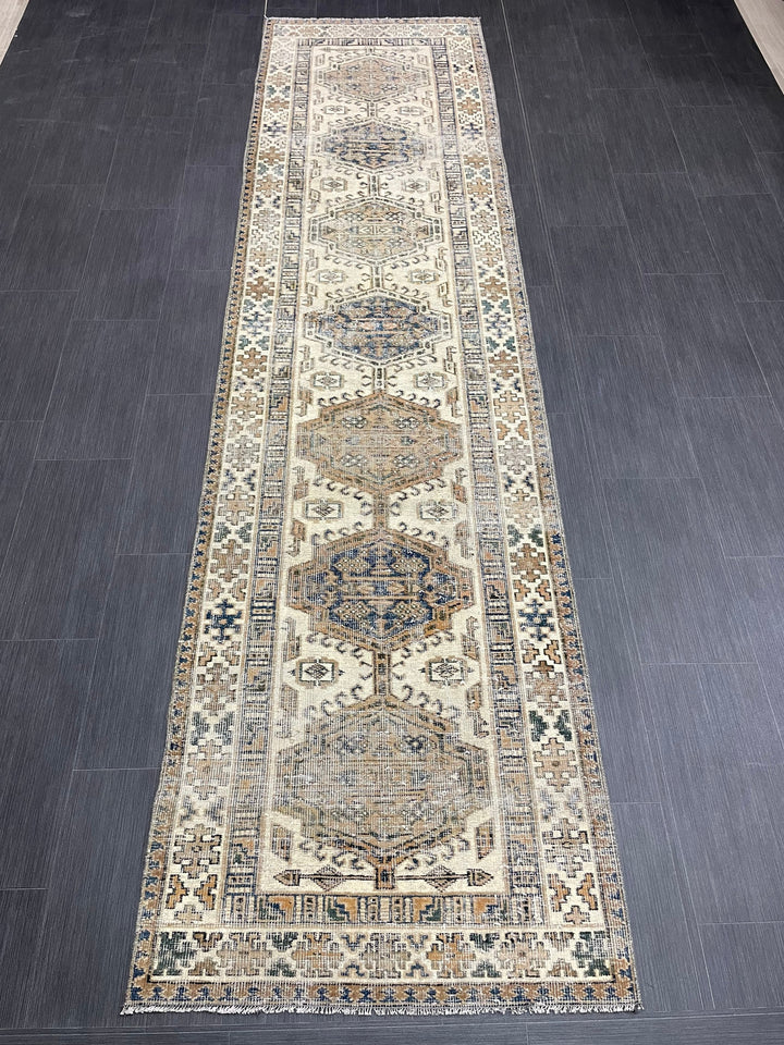 Beige Turkish Distressed Runner Rug 2' 10" x 11' 1" Hand-Knotted | No. WR47882