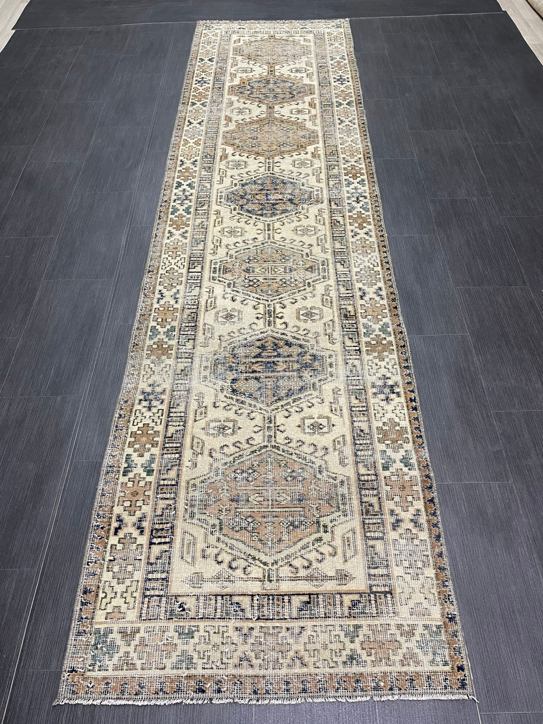 Beige Turkish Distressed Runner Rug 2' 10" x 11' 1" Hand-Knotted | No. WR47882