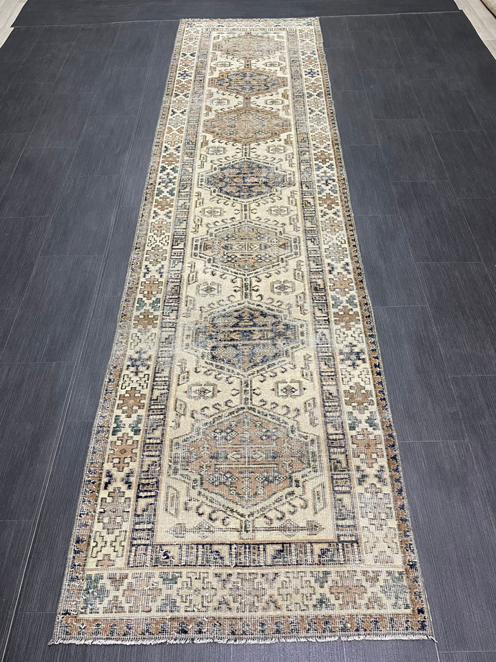 Beige Turkish Distressed Runner Rug 2' 10" x 11' 1" Hand-Knotted | No. WR47882