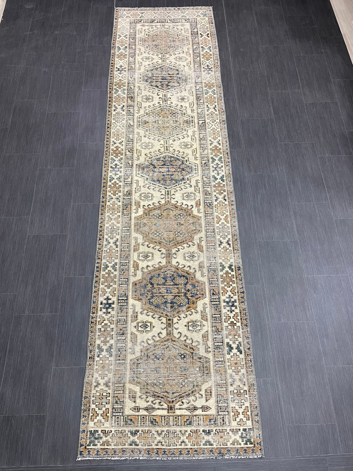 Beige Turkish Distressed Runner Rug 2' 10" x 11' 1" Hand-Knotted | No. WR47882