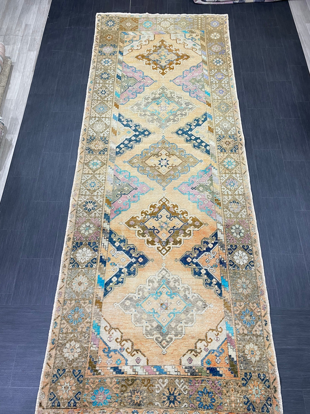 Beige Turkish Runner Rug 5' x 13' 2" Hand-Knotted border