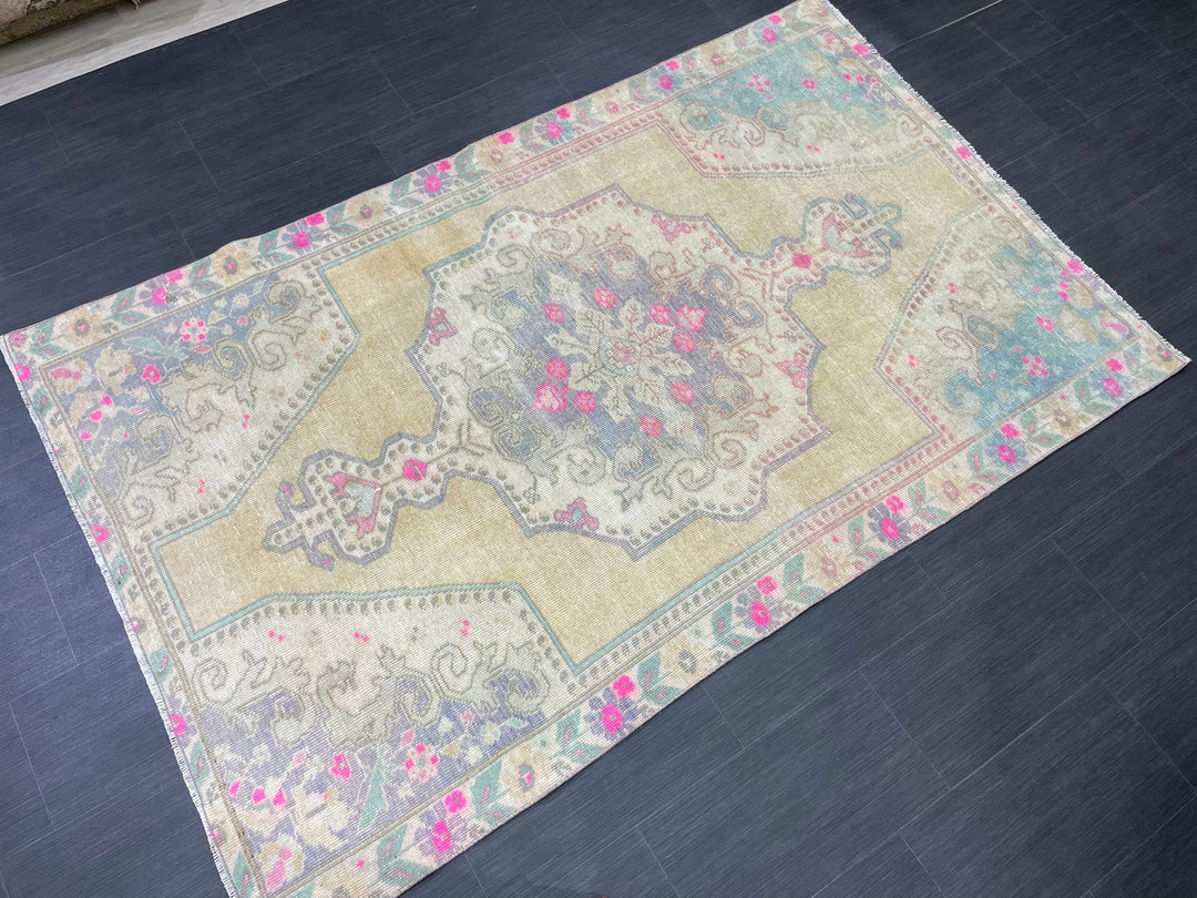 Beige Turkish Runner Rug 4' 6" x 7' 1" Hand-Knotted