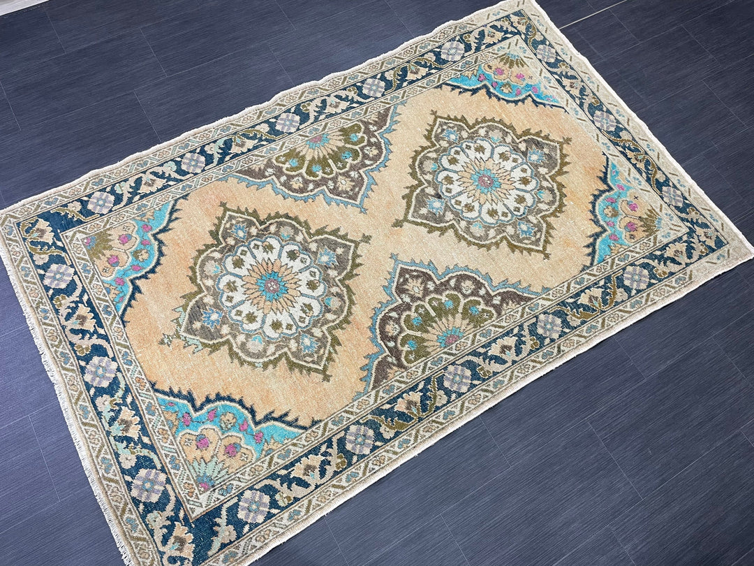 Beige Turkish Runner Rug 4' 2" x 6' 9" Hand-Knotted