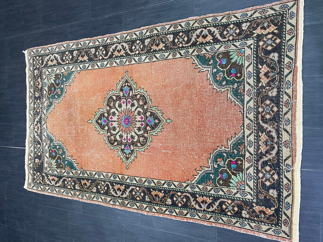Beige Turkish Oushak Rug 3' 11" x 7' 2" Hand-Knotted reverse