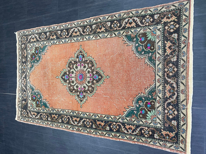 Beige Turkish Oushak Rug 3' 11" x 7' 2" Hand-Knotted reverse