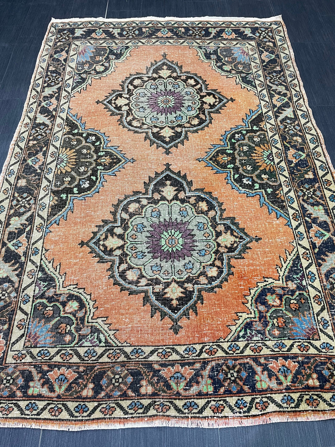 Beige Turkish Oushak Rug 4' 2" x 6' 6" Hand-Knotted close-up