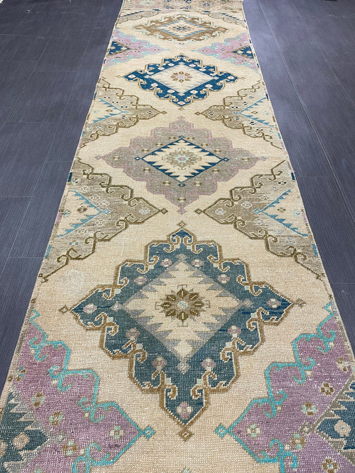 Tan Turkish Runner Rug 2' 11" x 13' 3" Hand-Knotted reverse