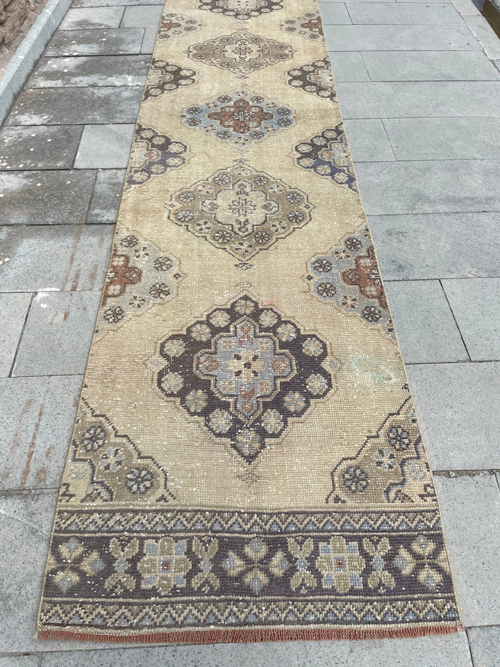 Beige Turkish Runner Rug 2' 9" x 21' 4" Hand-Knotted reverse
