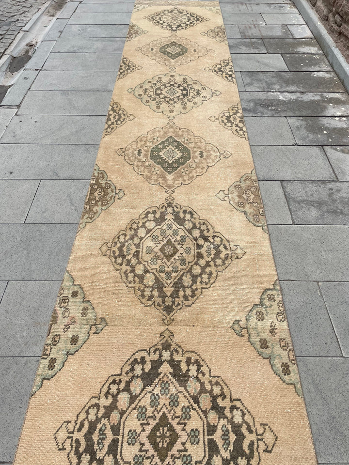 Beige Turkish Runner Rug 2' 9" x 24' 3" Hand-Knotted texture