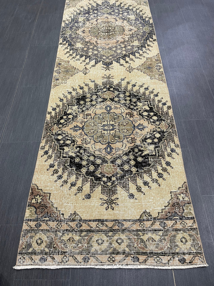 Beige Turkish Runner Rug 2' 9" x 13' 1" Hand-Knotted reverse