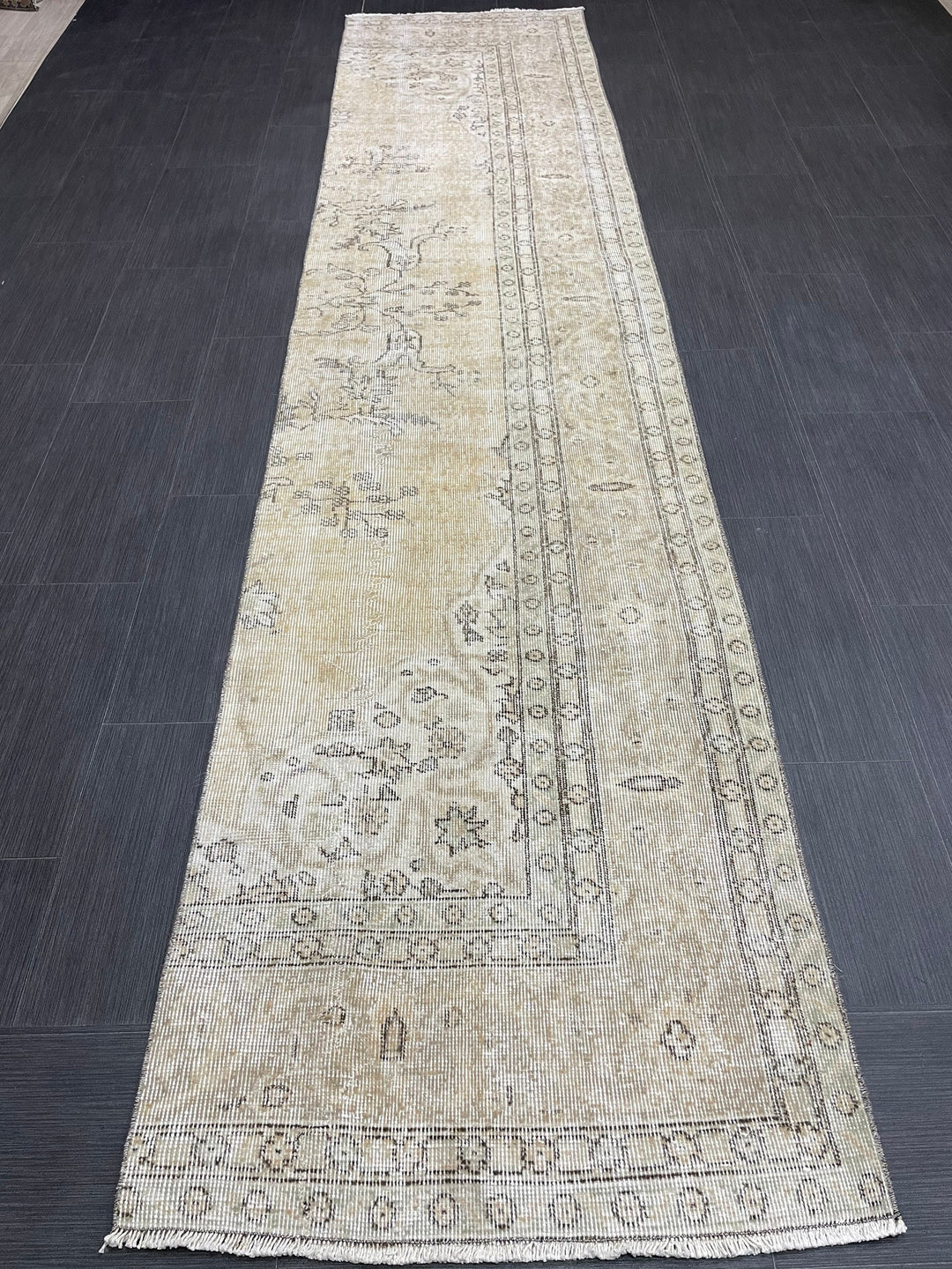 Beige Turkish Runner Rug 2' 6" x 11' 6" Hand-Knotted reverse