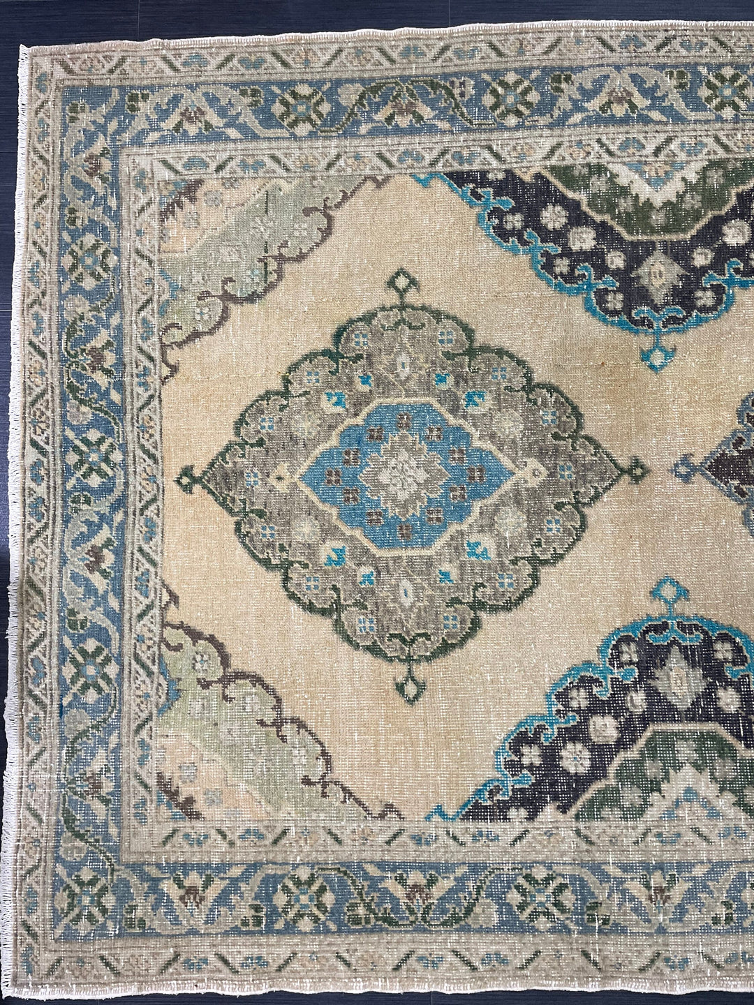 Beige Turkish Runner Rug 4' 10" x 13' 10" Hand-Knotted border
