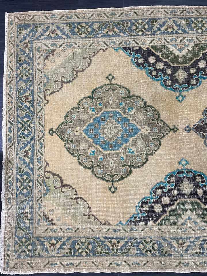 Beige Turkish Runner Rug 4' 10" x 13' 10" Hand-Knotted border