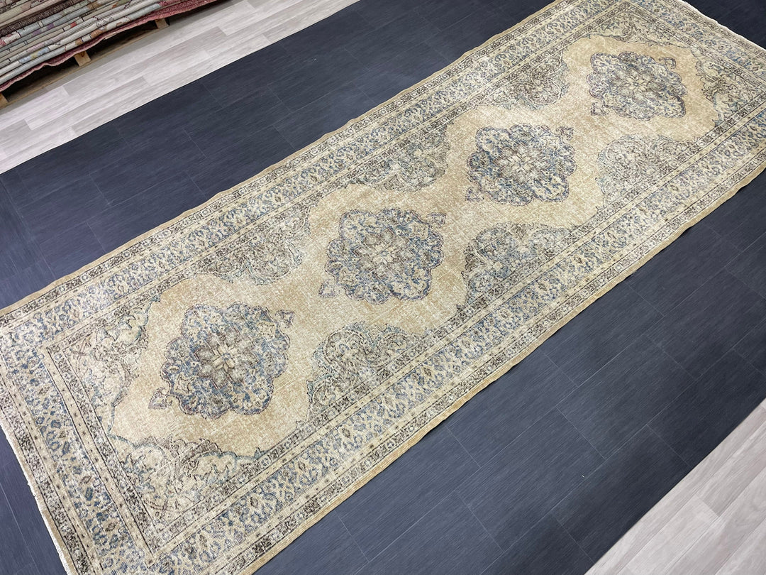 Beige Turkish Runner Rug 4' 10" x 13' Hand-Knotted