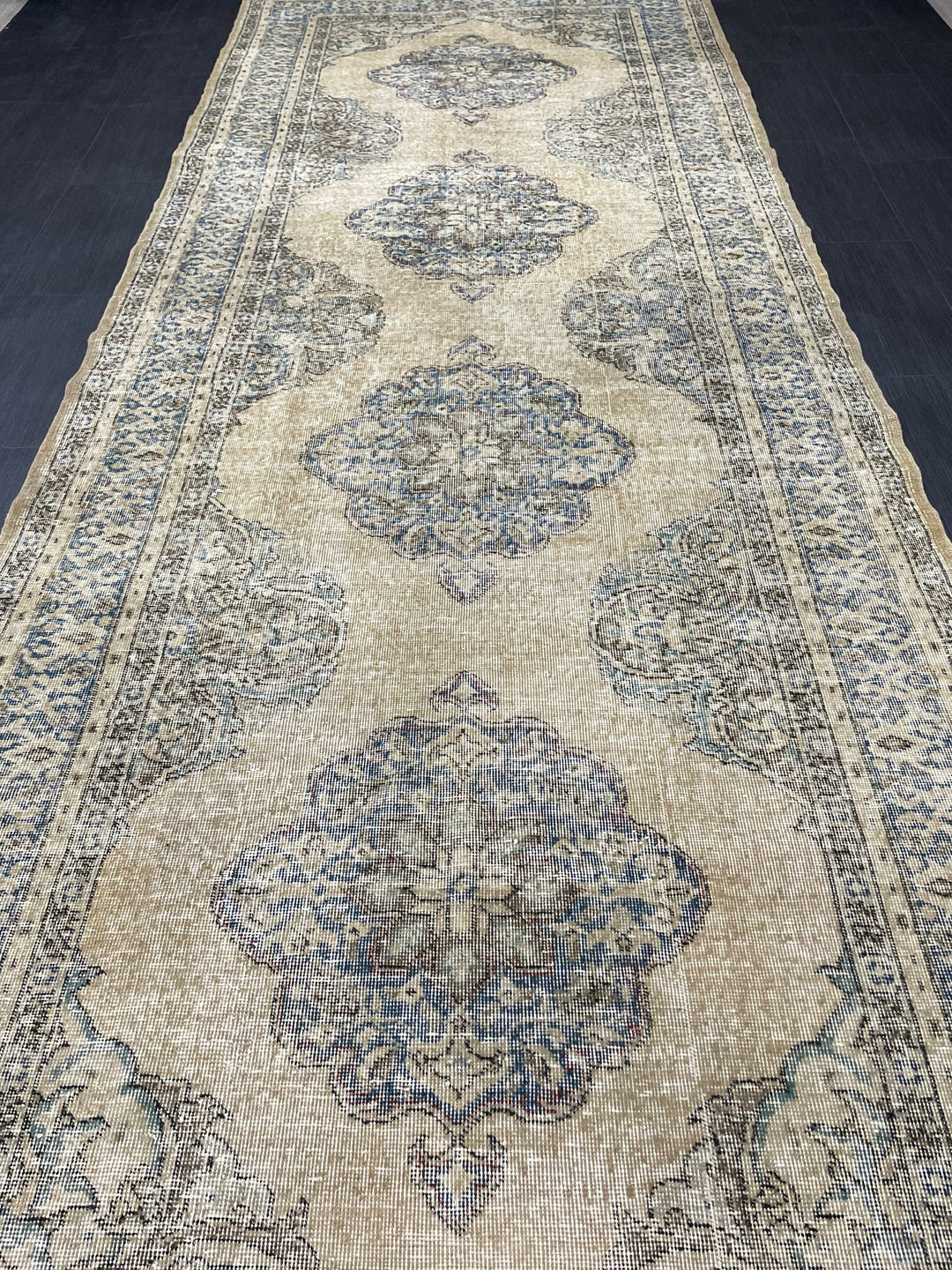 Beige Turkish Runner Rug 4' 10" x 13' Hand-Knotted reverse