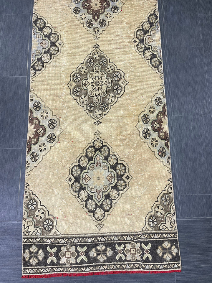 Beige Turkish Runner Rug 3' x 11' 3" Hand-Knotted border
