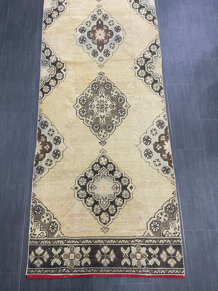 Beige Turkish Runner Rug 3' x 11' 3" Hand-Knotted field