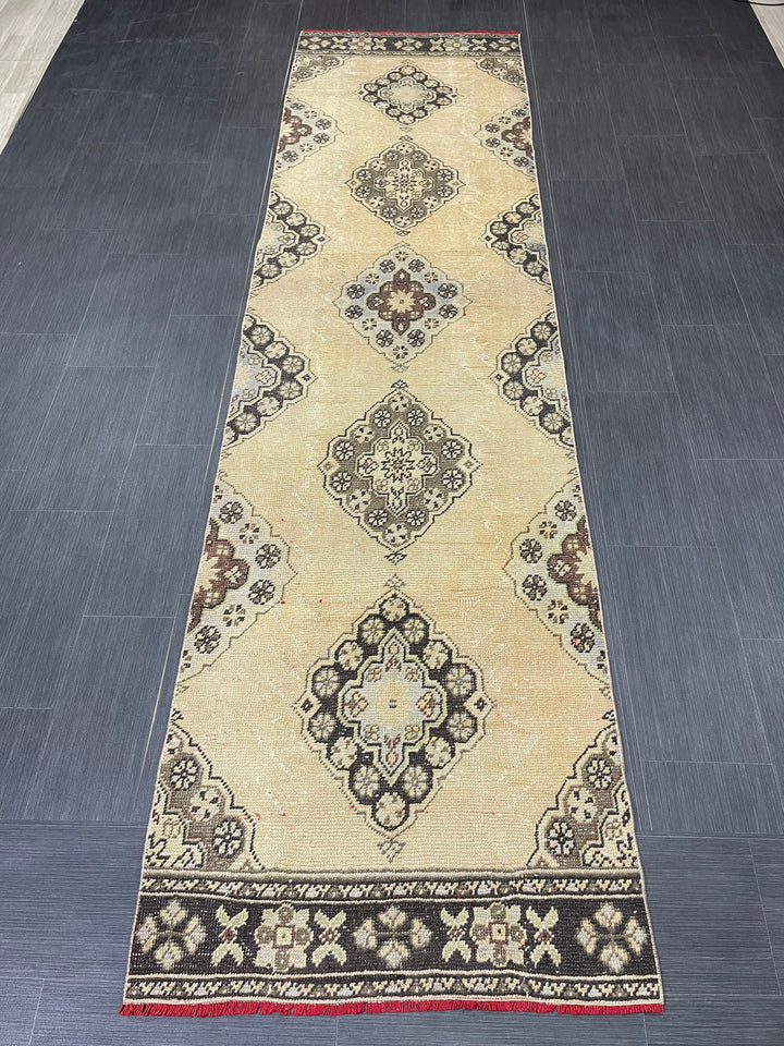 Beige Turkish Runner Rug 3' x 11' 3" Hand-Knotted texture
