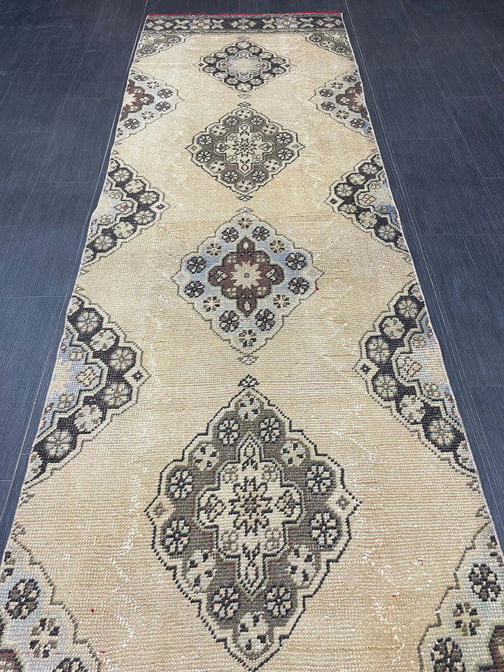 Beige Turkish Runner Rug 3' x 11' 3" Hand-Knotted reverse