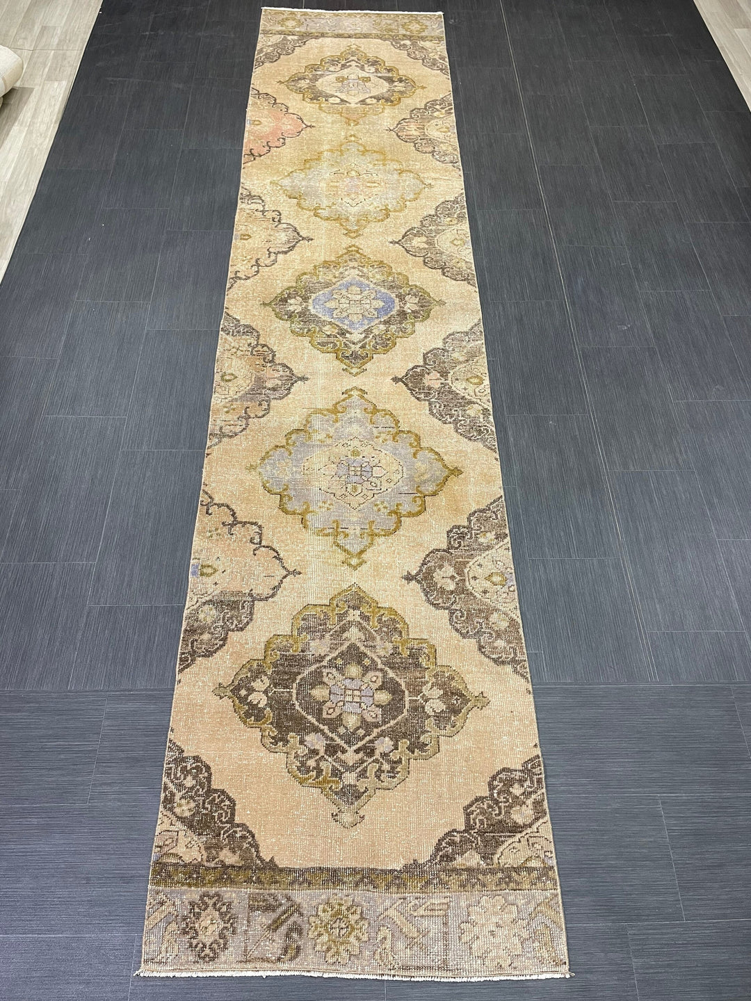 Beige Turkish Runner Rug 2' 10" x 12' 10" Hand-Knotted close-up