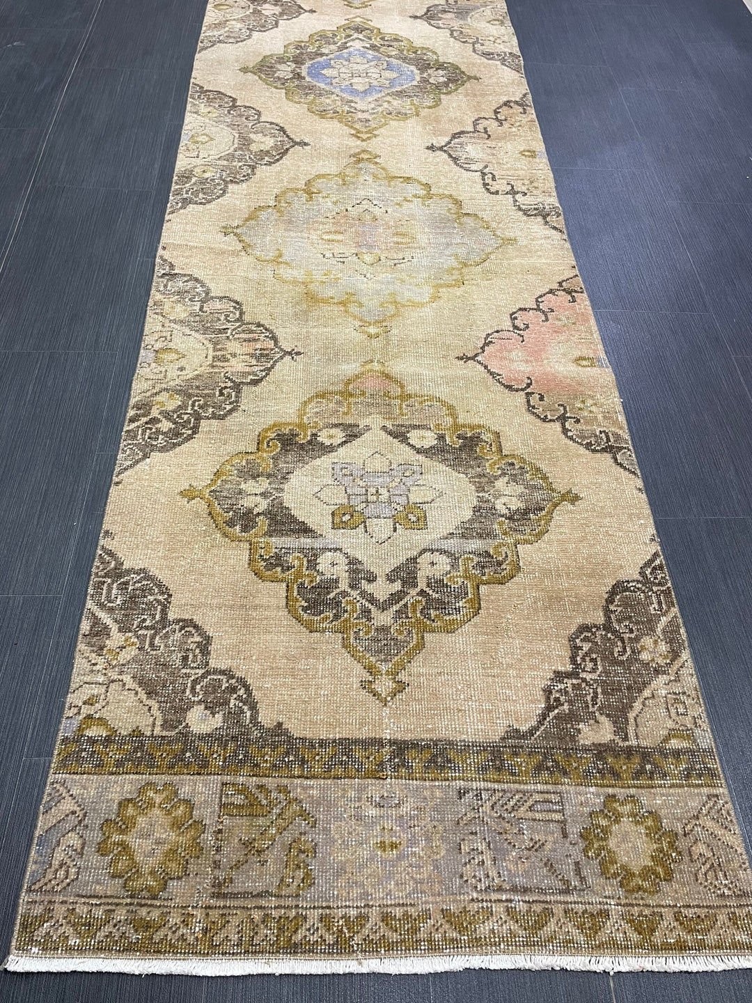 Beige Turkish Runner Rug 2' 10" x 12' 10" Hand-Knotted field
