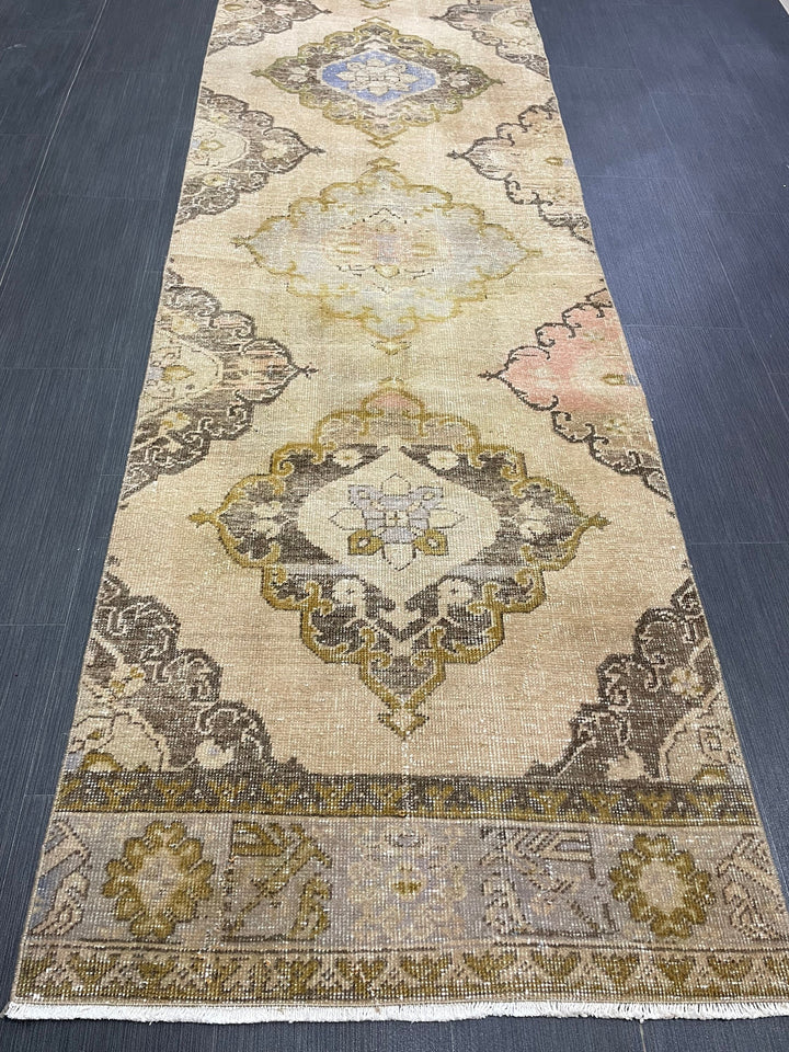 Beige Turkish Runner Rug 2' 10" x 12' 10" Hand-Knotted field