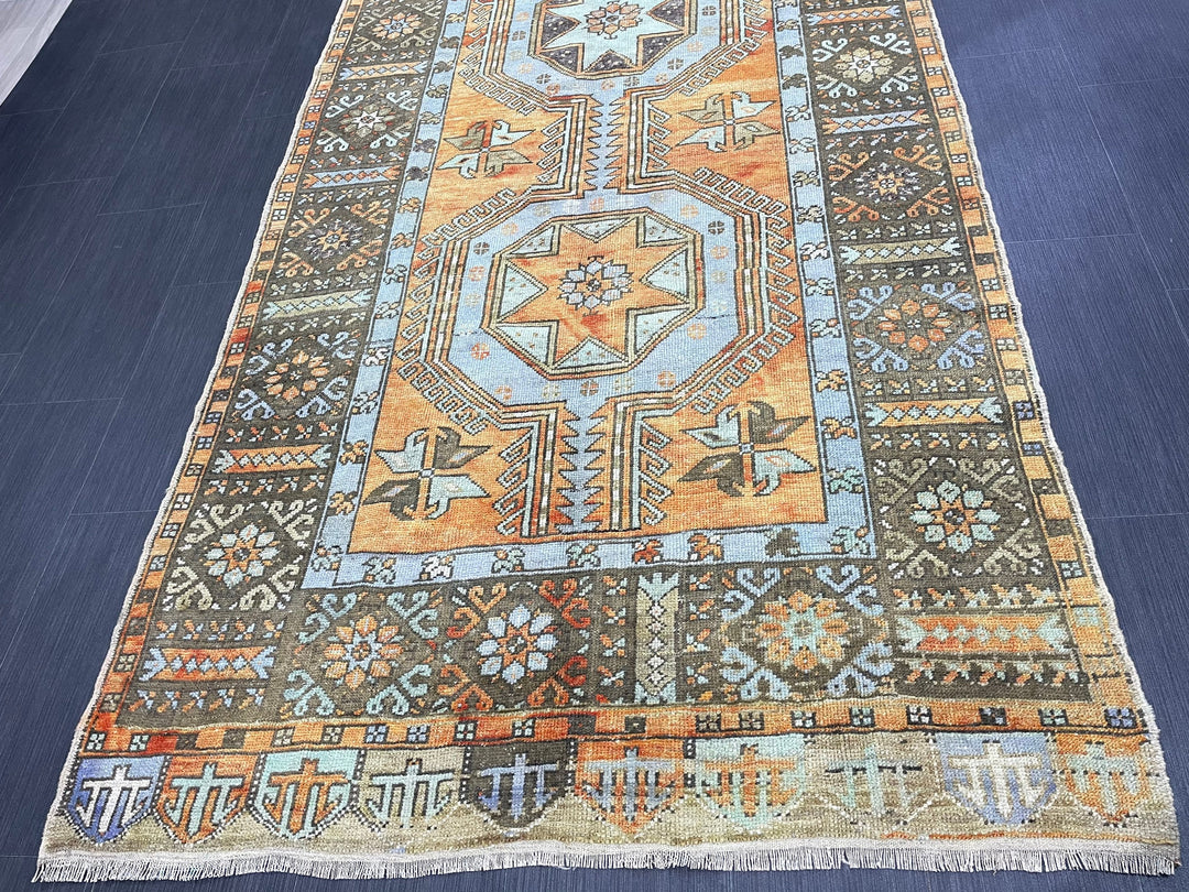 Beige Turkish Runner Rug 4' 3" x 11' 3" Hand-Knotted reverse
