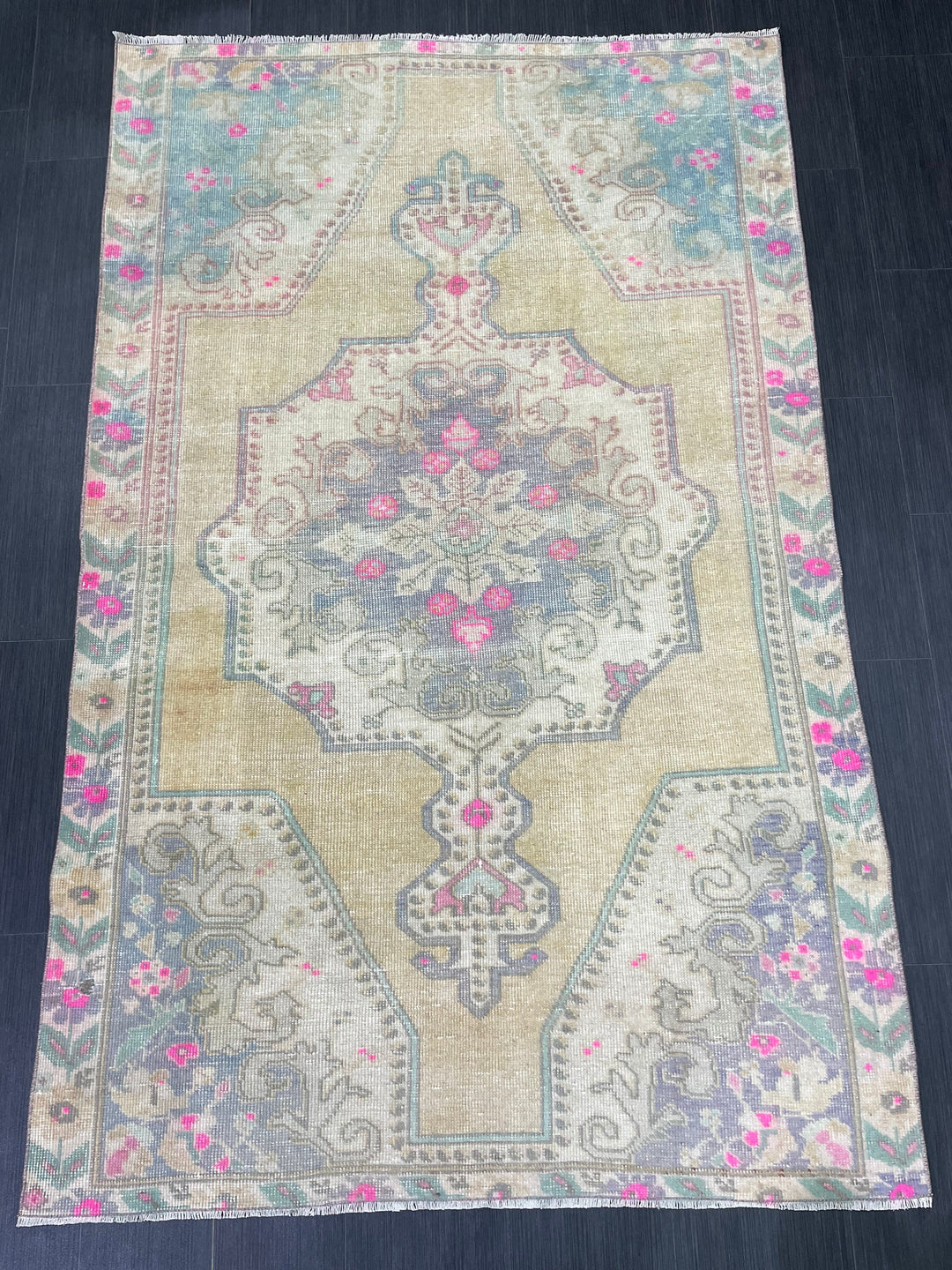 Beige Turkish Runner Rug 4' 6" x 7' 1" Hand-Knotted close-up