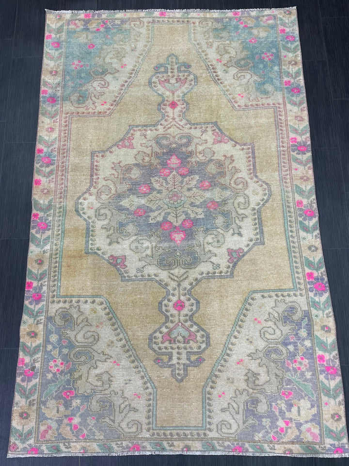 Beige Turkish Runner Rug 4' 6" x 7' 1" Hand-Knotted reverse
