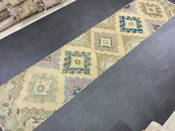 Tan Turkish Runner Rug 2' 11" x 13' 3" Hand-Knotted pattern