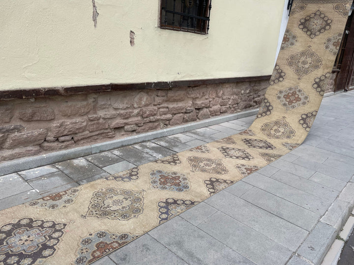 Beige Turkish Runner Rug 2' 9" x 21' 4" Hand-Knotted close-up