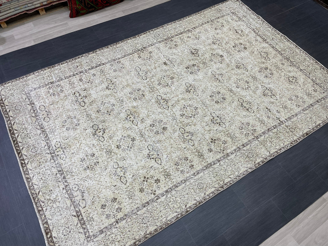 Beige Turkish Oushak Rug 6' 8" x 10' 6" Hand-Knotted | No. WR88019