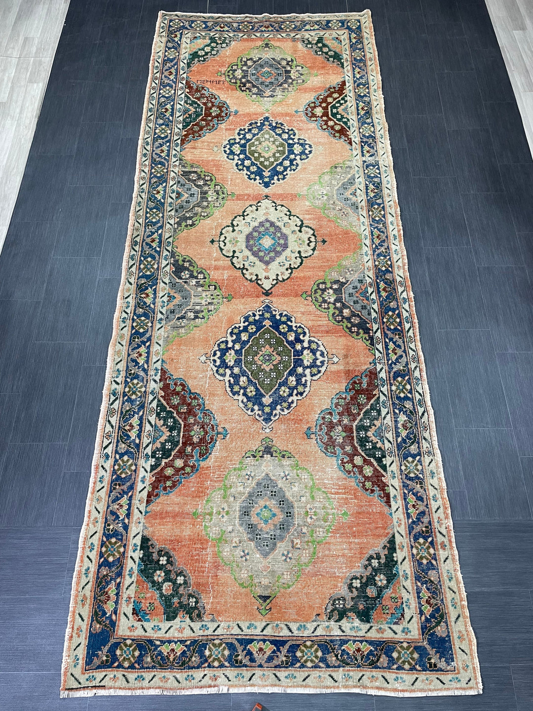 Beige Turkish Runner Rug 4' 9" x 12' 11" Hand-Knotted border