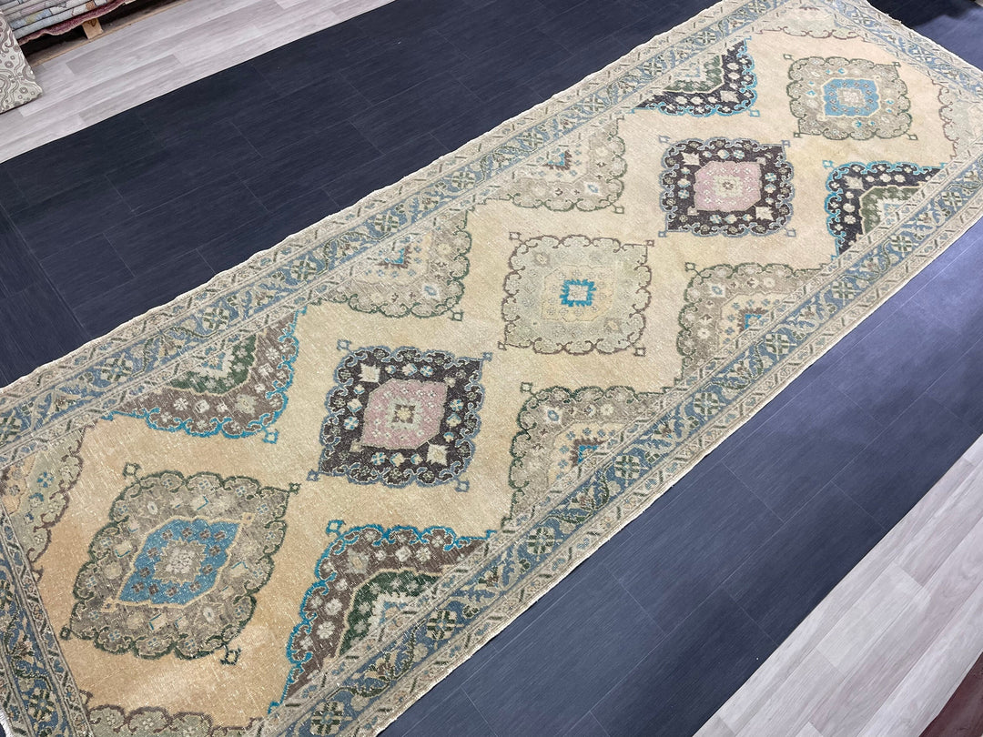 Beige Turkish Runner Rug 4' 10" x 13' 10" Hand-Knotted