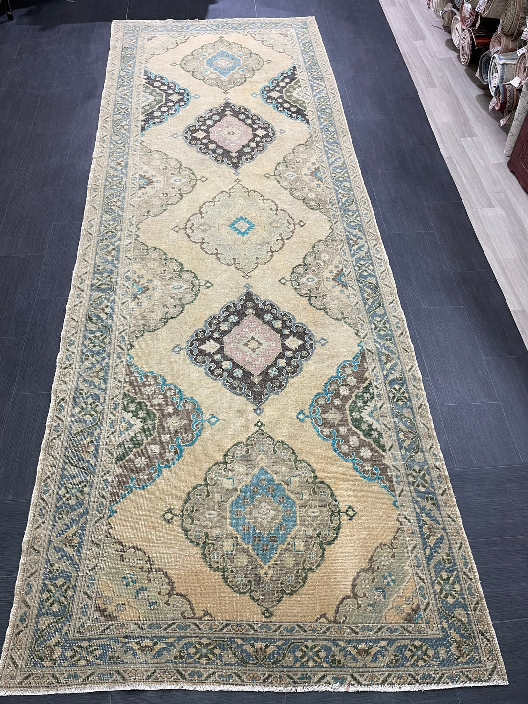 Beige Turkish Runner Rug 4' 10" x 13' 10" Hand-Knotted pattern